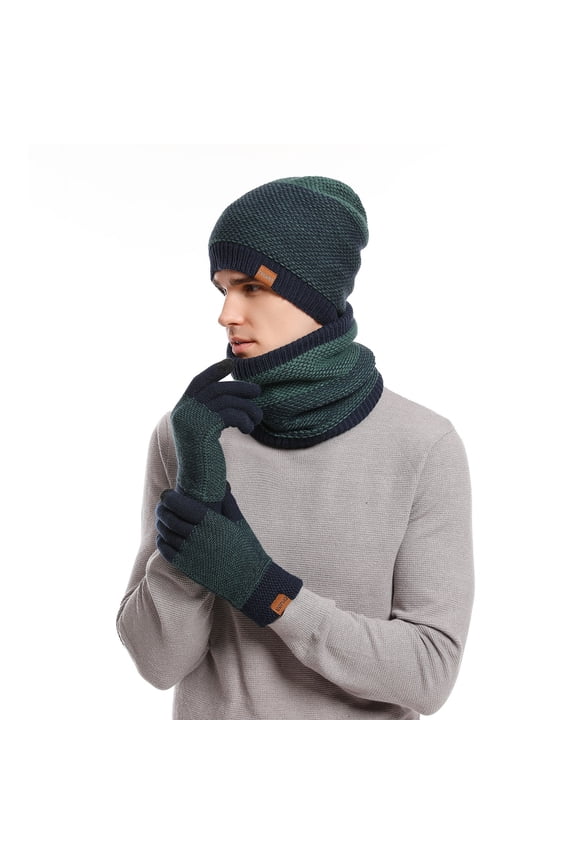 Men's Beanie Hat Scarf Touchscreen Gloves Rib Knit Cap Winter Warmth Three Piece Sets Green Free Size