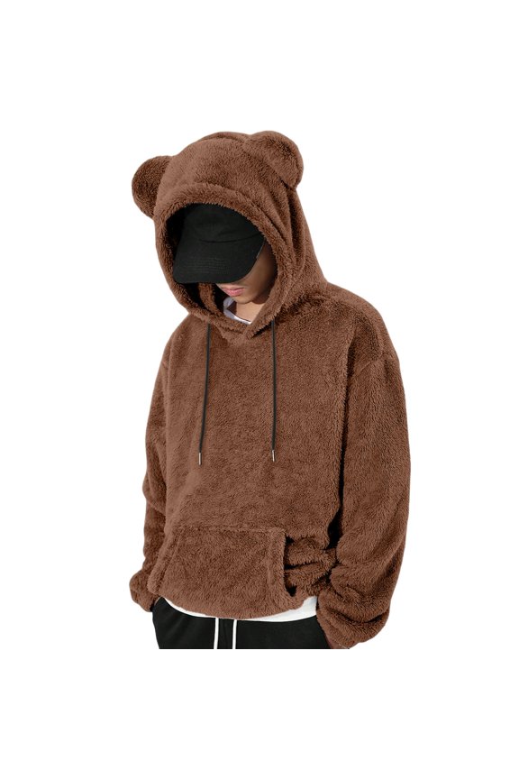 Men's Bear Ear Hoodies Drawstring Long Sleeve Fleece Sweatshirt Fuzzy Pullover Tops