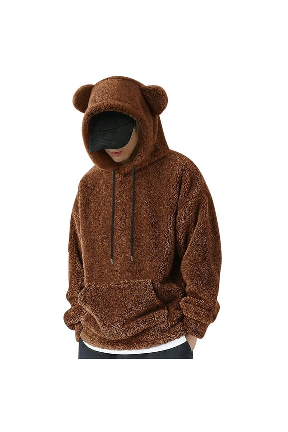 Men's Bear Ear Hoodies Drawstring Long Sleeve Fleece Sweatshirt Fuzzy Pullover Tops