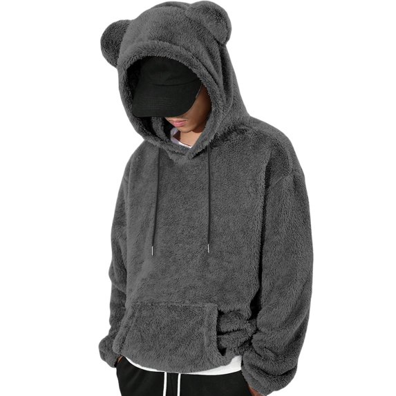 Men's Bear Ear Hoodies Drawstring Long Sleeve Fleece Sweatshirt Fuzzy Pullover