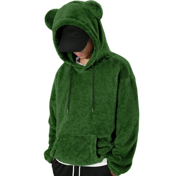 Men's Bear Ear Hoodies Drawstring Long Sleeve Fleece Sweatshirt Fuzzy Pullover