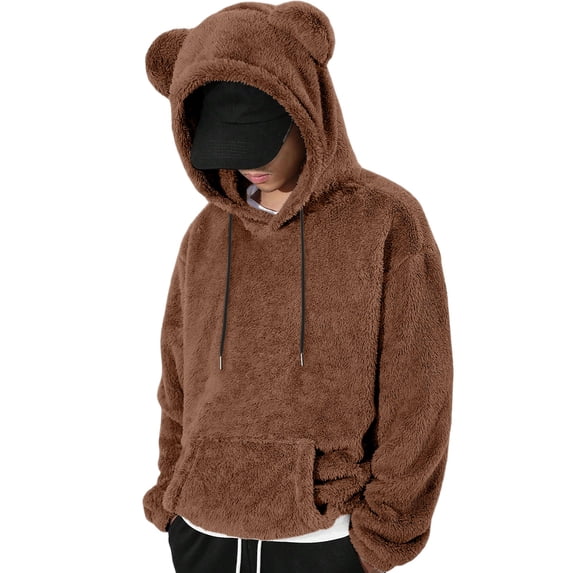 Men's Bear Ear Hoodies Drawstring Long Sleeve Fleece Sweatshirt Fuzzy Pullover