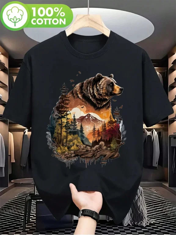 Men's Bear Mountain Nature Graphic T-Shirt, 100% Cotton Short Sleeve Wilderness Tee
