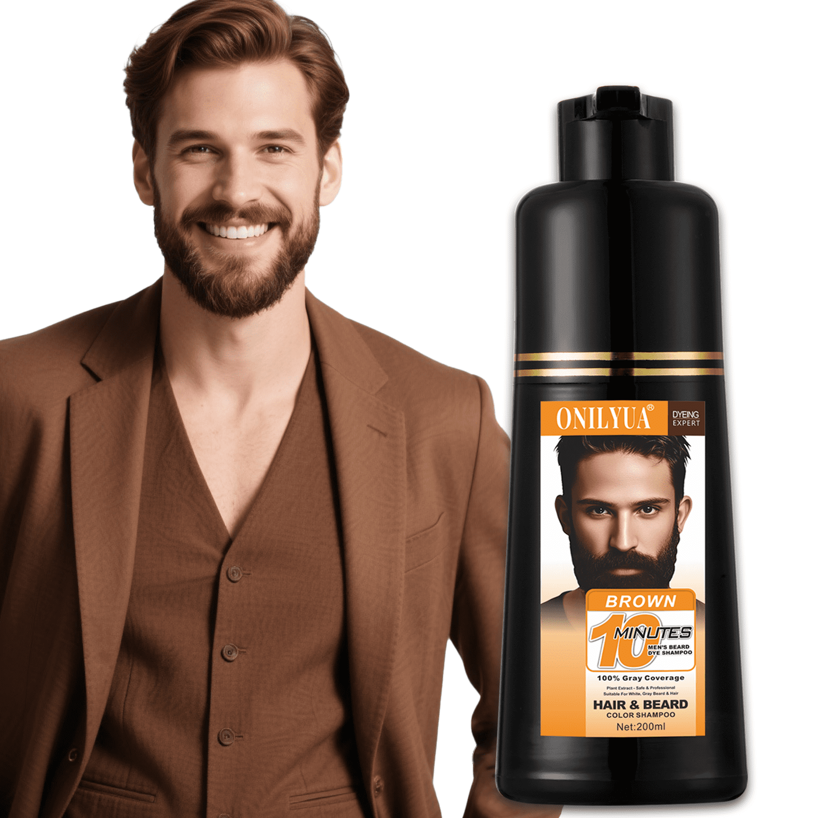 Men's Beard & Hair Dye Shampoo - Dark Brown | 10-Minute Instant Color for Beard, Mustache & Hair | Long-Lasting Gray Hair Coverage | 3-in-1 Dye, Shampoo & Conditioner | Gentle Formula | 6.8 Fl Oz