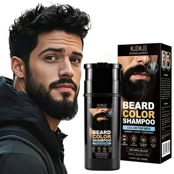 Mens Beard & Mustache Dye Shampoo, 10-Minute Gray Coverage Color, No-Mix Formula, At-Home Quick Beard Color Touch Up, Delivers Natural-Looking Shade,6.76 Fl Oz