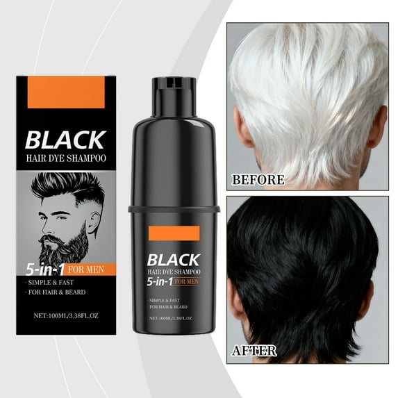 Men's Beard and Hair Color Shampoo Black Dye for Gray Coverage, 5-in-1 Formula with Conditioner, 100ml Bottle for Natural Black Color