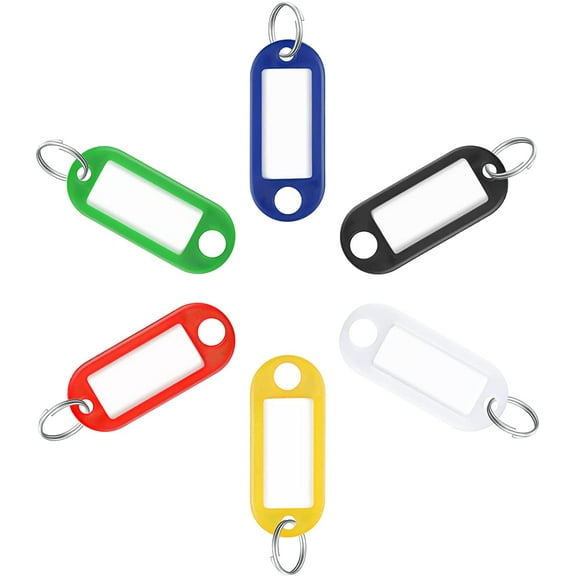 2 Inch Tough Plastic Key Tags in 6 Assorted Colors Item Identifiers Markers with Blank Paper Labels Protective Plastic Films and Split Rings, 20 Pack