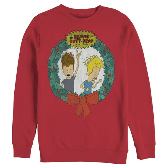 Men's Beavis and Butt-Head Christmas Logo Rocker Wreath Sweatshirt Red X Large