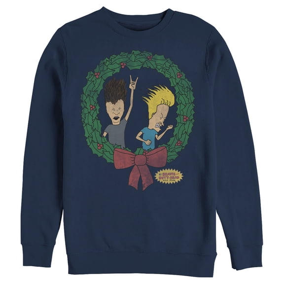 Men's Beavis and Butt-Head Christmas Rocker Wreath Sweatshirt Navy Blue Small