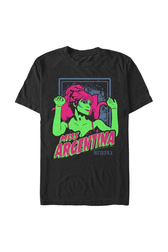 Men's Beetlejuice Neon Miss Argentina Graphic Tee Black Large