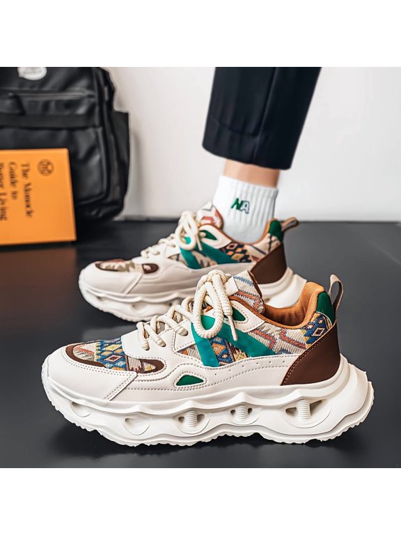 Men's Beige Blue Denim Chunky Platform Dad Sneakers, Breathable Fashion Casual Walking Shoes, Non-Slip Athletic Shoes for Daily Wear