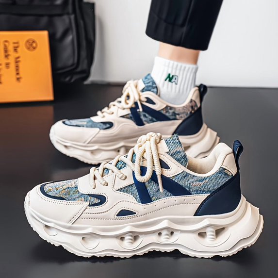 Men's Beige Blue Denim Chunky Platform Dad Sneakers, Breathable Fashion Casual Walking Shoes, Non-Slip Athletic Shoes for Daily Wear