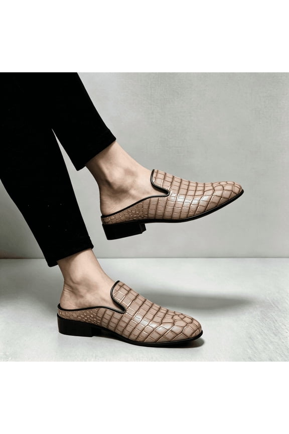 Men's Beige Croc Embossed Backless Mule Loafers Low Block Heel Slip On Fashion Casual Formal Leather Shoes