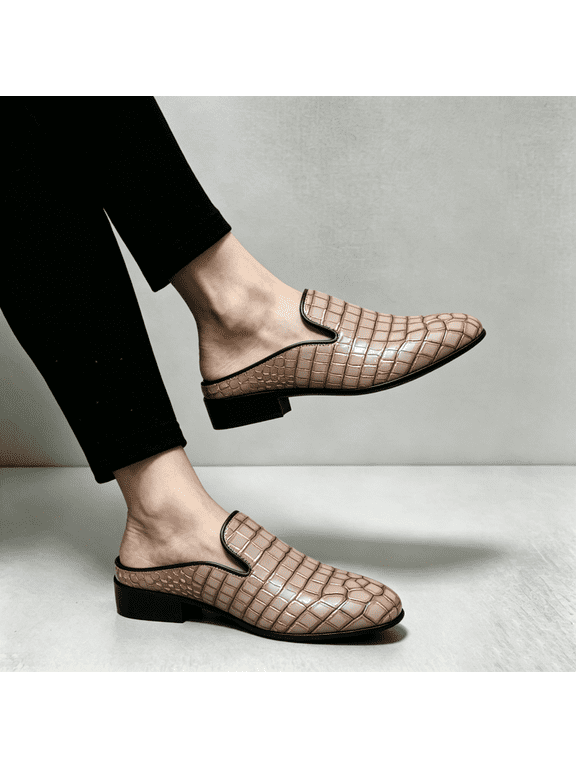 Men's Beige Croc Embossed Backless Mule Loafers Low Block Heel Slip On Fashion Casual Formal Leather Shoes