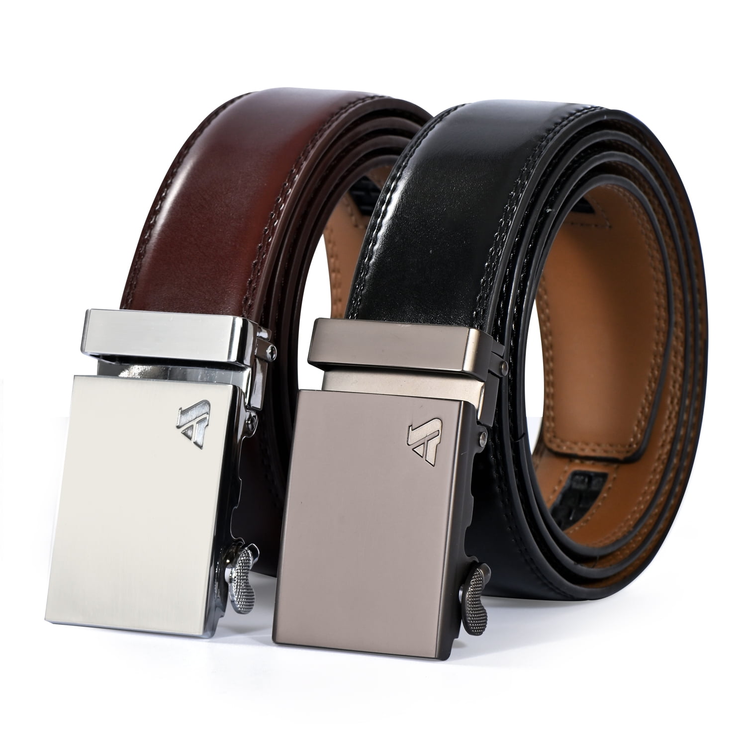 The Pure Blue MEN'S LEATHER BELT BEAUTIFULLY BOXED Automatic Sliding  Ratchet Buckle Belts 1.5'' (35mm) Wide Fully Adjustable to Fit Any Waist  Size up To 42''. Genuine Leather Strap (Black & Chrome) 