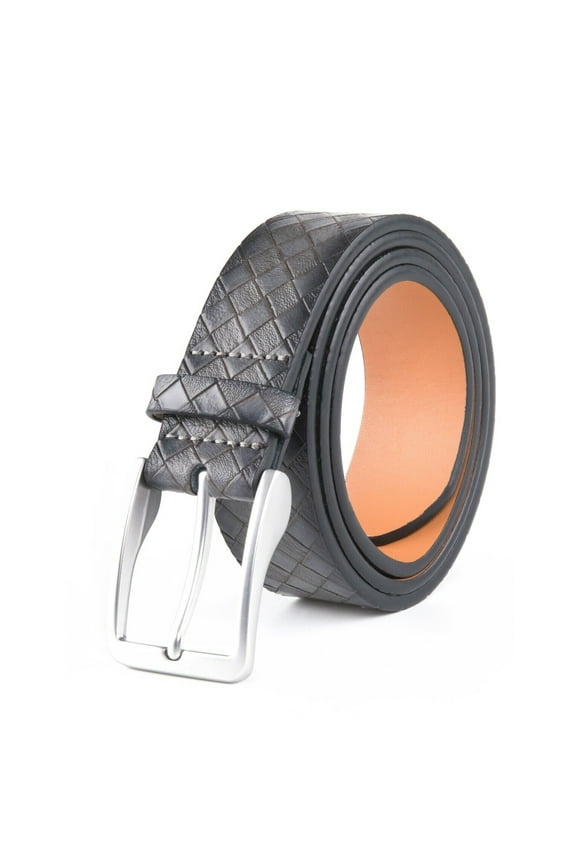 Men's Belt Grid Pattern Genuine Leather Casual Dress Belt with Single Prong Buckle