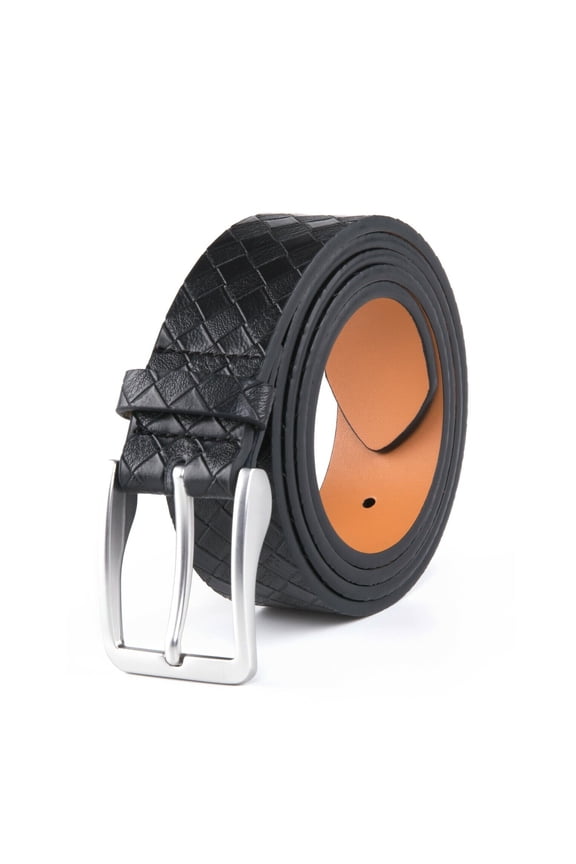 Men's Belt Grid Pattern Genuine Leather Casual Dress Belt with Single Prong Buckle