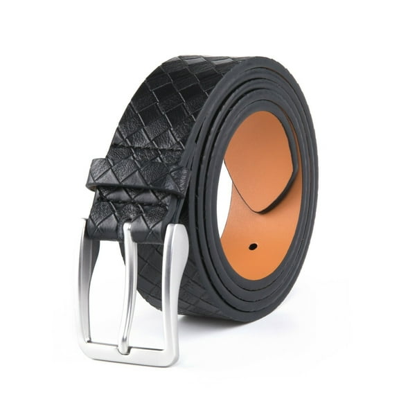 Men's Belt Grid Pattern Genuine Leather Casual Dress Belt with Single Prong Buckle
