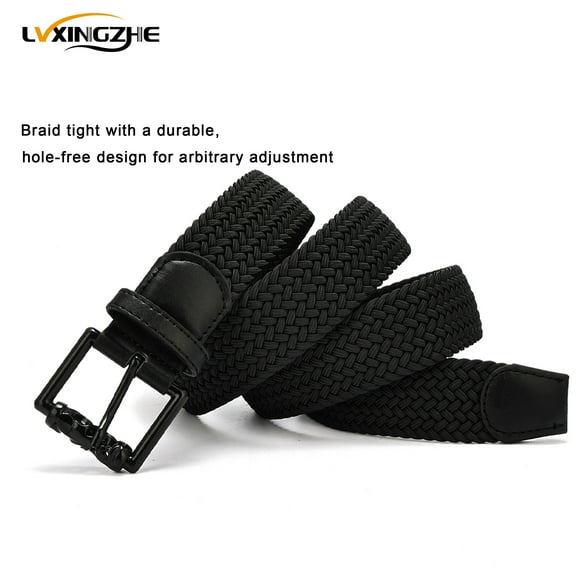 Men's Belt Outdoor Golf Fashion Stretch Non-Hole Braided Waist Belt Black (Width 1.33in)