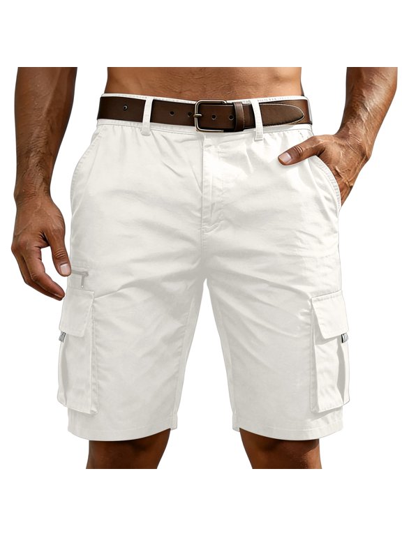Men's Belted Cargo Shorts with Utility Pockets Durable Cotton Blend Outdoor Hiking Summer Shorts White 3XL