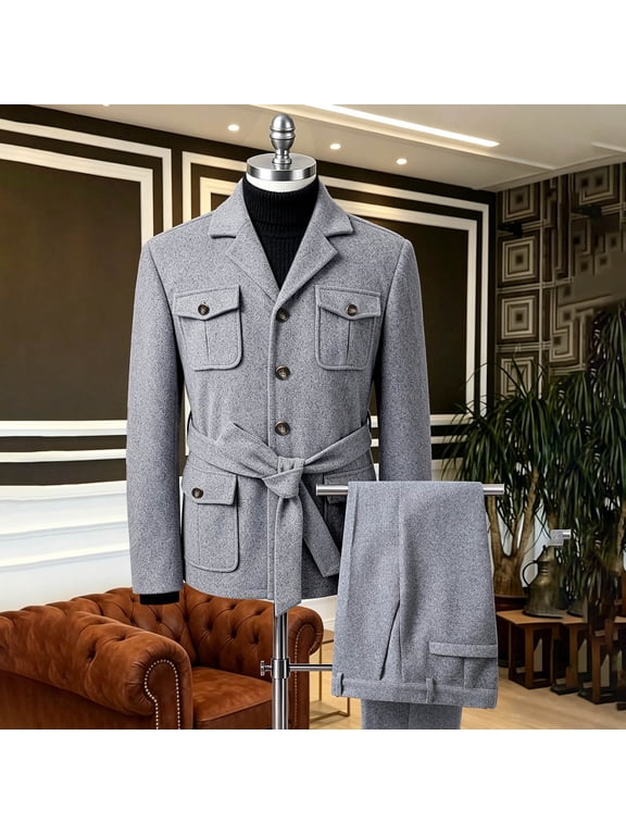 Men's Belted Wool Safari Jacket, Multi Pocket Formal Casual Overcoat