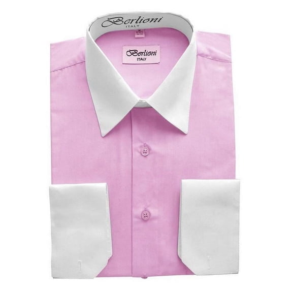 Men's Berlioni Two Tone French Contrast Convertible Cuff Long Sleeve Dress Shirt (Pink,2XL 34/35)