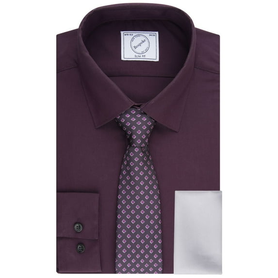Men's Bespoke Slim-Fit Dress Shirt, Pocket Square & Tie Set Color: Dark Purple Size: S 32-33