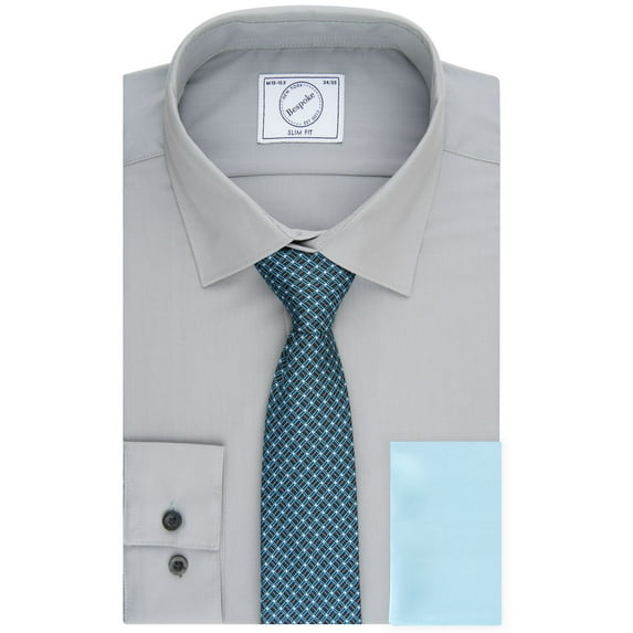 Men's Bespoke Slim-Fit Dress Shirt, Pocket Square & Tie Set Color: Gray Size: M-32/33