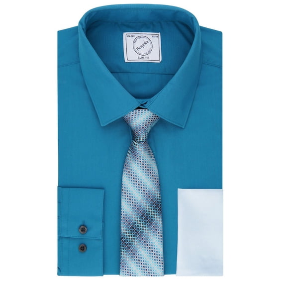 Men's Bespoke Slim-Fit Dress Shirt, Pocket Square & Tie Set Color: Turquoise Size: M-32/33
