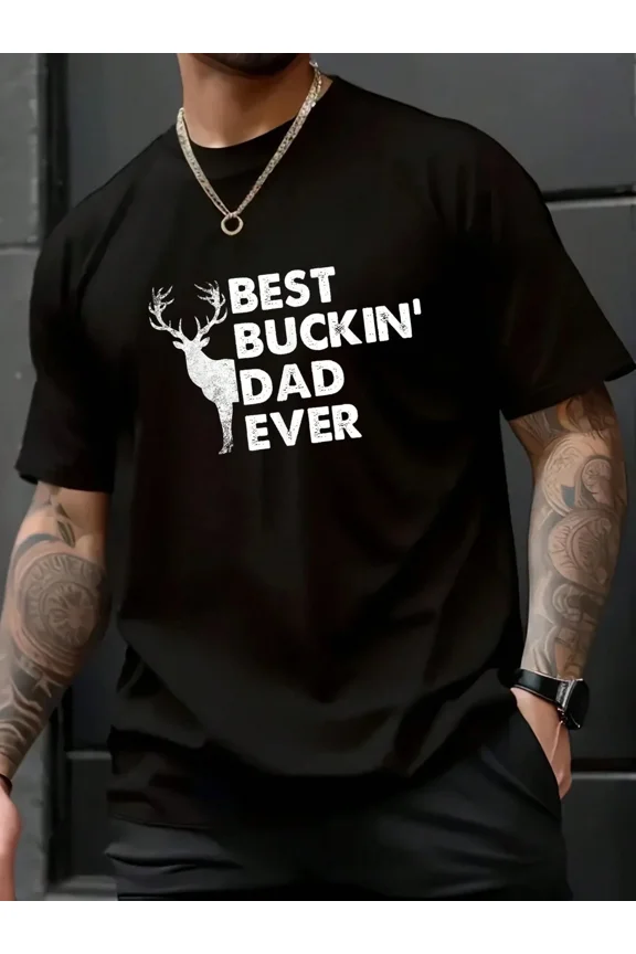 Men's Best Buckin' Dad Ever Graphic T-Shirt Funny Father's Day Gift Deer Silhouette Tee