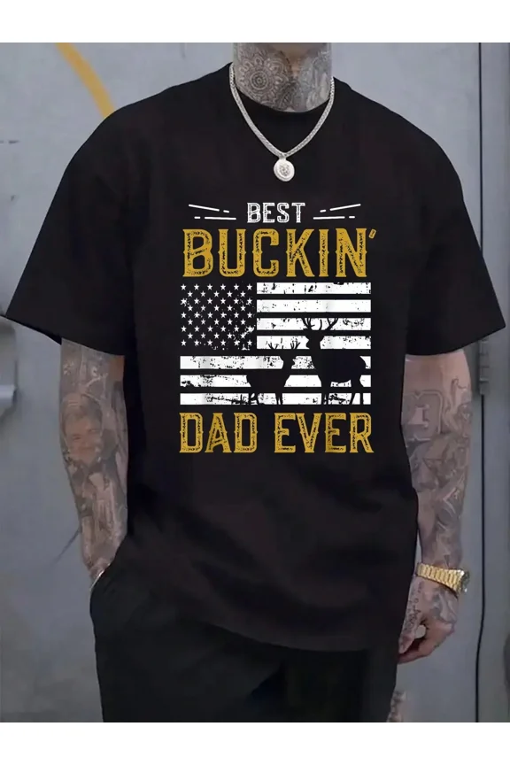 Men's Best Buckin' Dad Ever Graphic T-Shirt, Short Sleeve Hunting Deer American Flag Tee