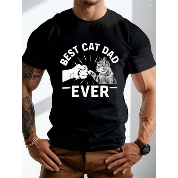Men's "Best Cat Dad Ever" Graphic T-Shirt - 180GSM Cotton Short Sleeve Round Neck Casuesign, All-Season Comfort Fit for Cat Lovers & Dads, Cat Dad Gifts, Comfortable Cotton Shirt