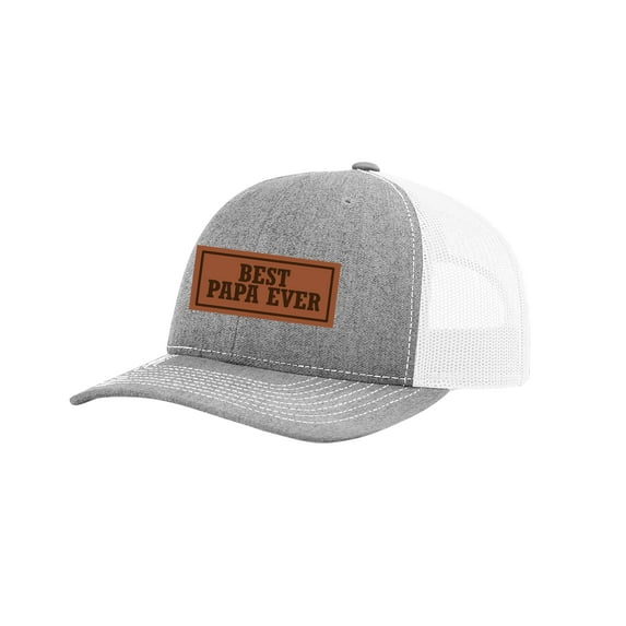 Men's Best Papa Ever Father's Day Laser Engraved Leather Patch Trucker Hat, Heather Grey/White