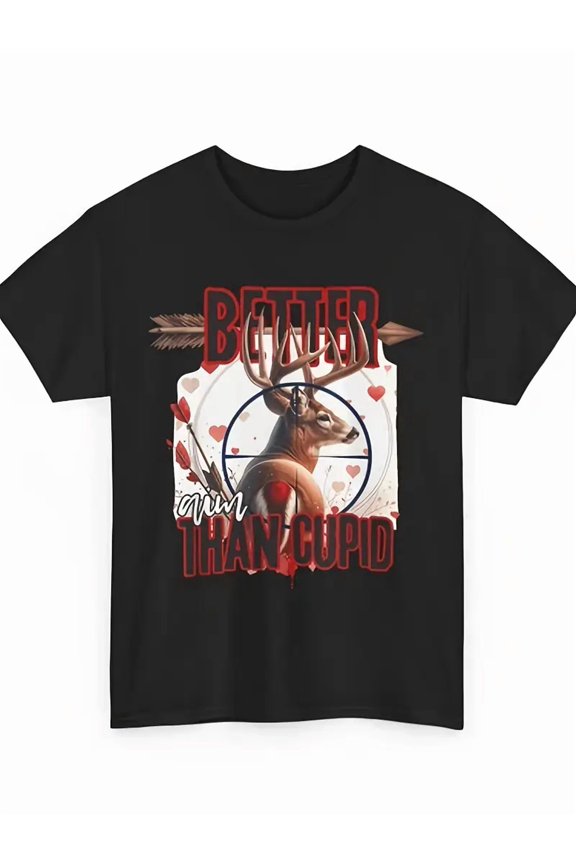 Men's Better Aim Than Cupid Hunting Graphic T-Shirt, Funny Valentine's Day Deer Hunter Tee, Black Short Sleeve Top