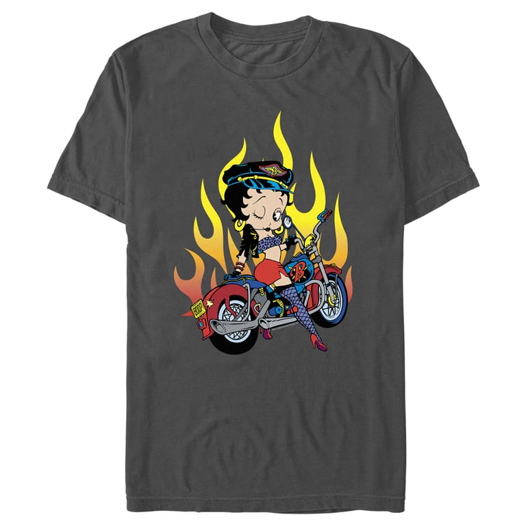 Men's Betty Boop Biker Betty Flames Graphic Tee Charcoal Medium