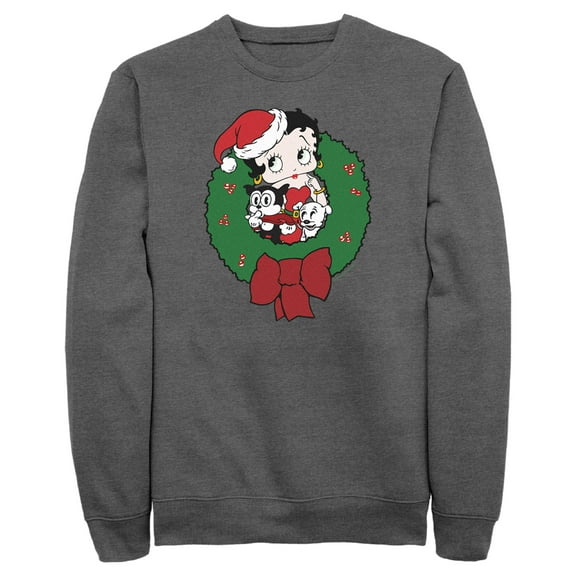 Men's Betty Boop Christmas Characters Wreath  Sweatshirt Charcoal Heather 2X Large