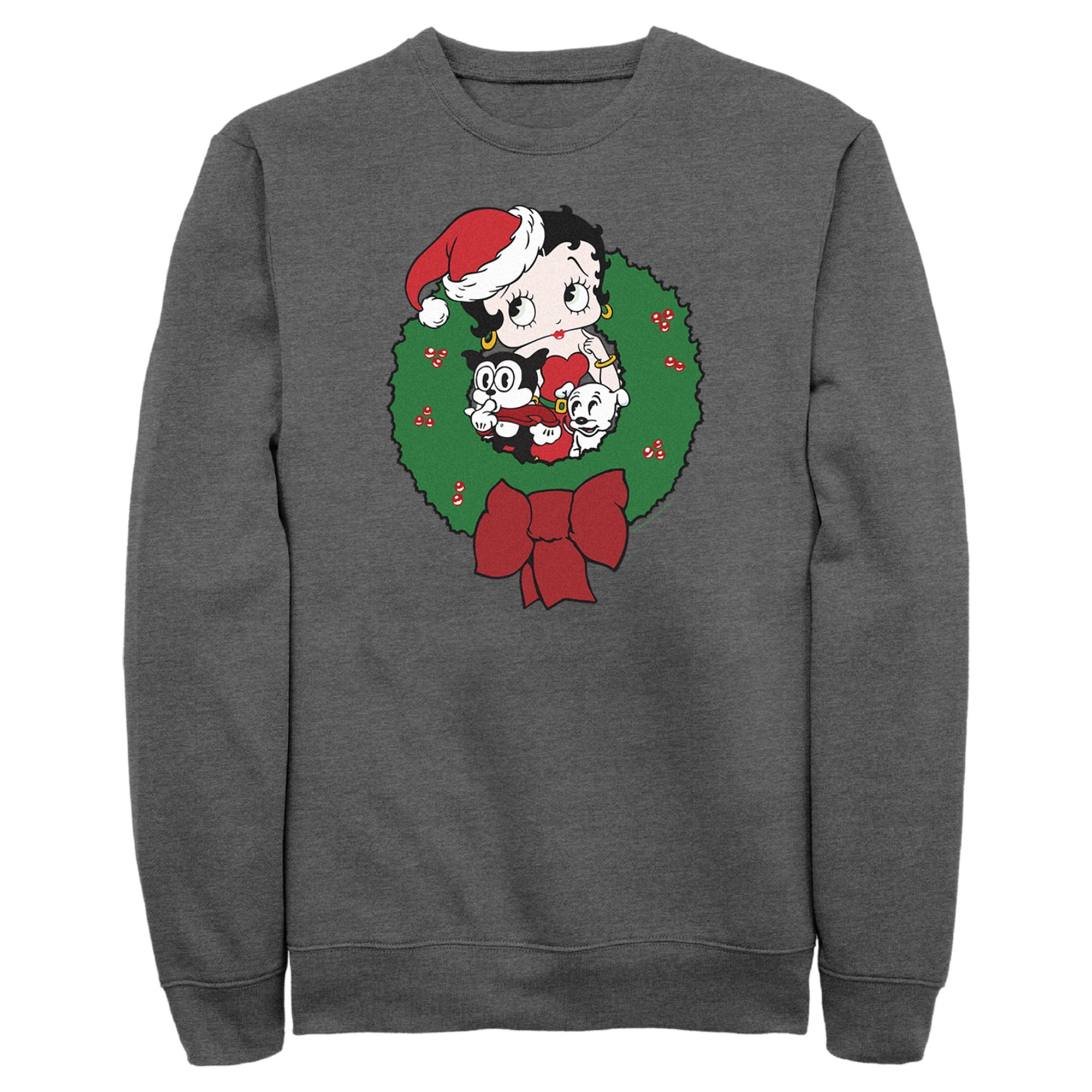 Men's Betty Boop Christmas Characters Wreath Sweatshirt Charcoal