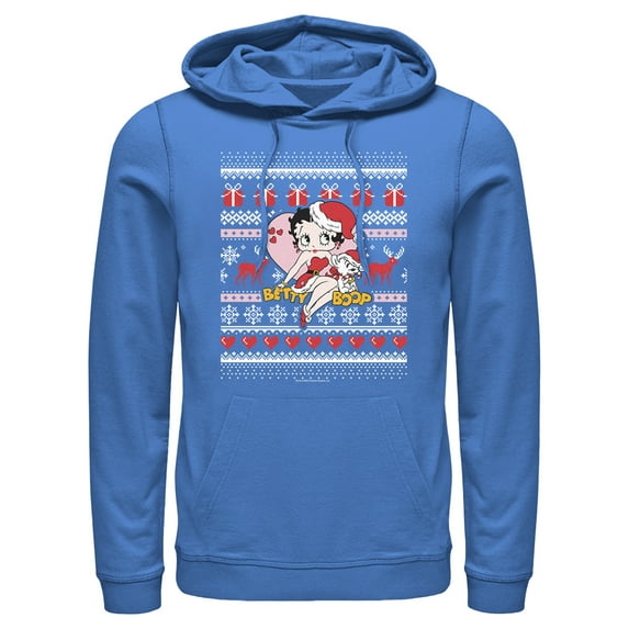 Men's Betty Boop Christmas Ugly Sweater Print Pull Over Hoodie Royal Blue 2X Large