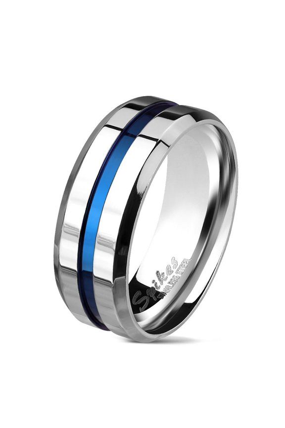 Men's Beveled Edge Silver Stainless Steel Ring w/Blue Pinstripe
