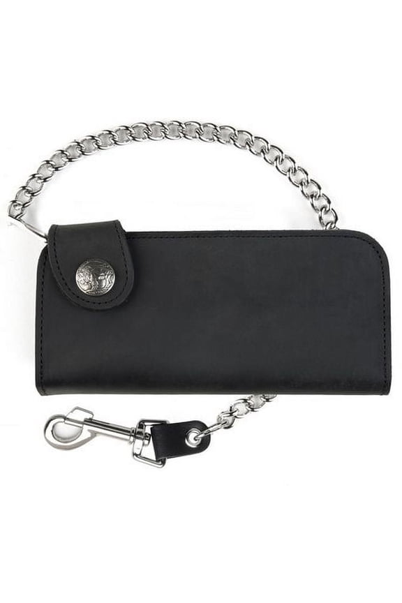 Men's Bi-Fold Black Leather Chain Wallet W/ Buffalo Nickel Snap, USA Made