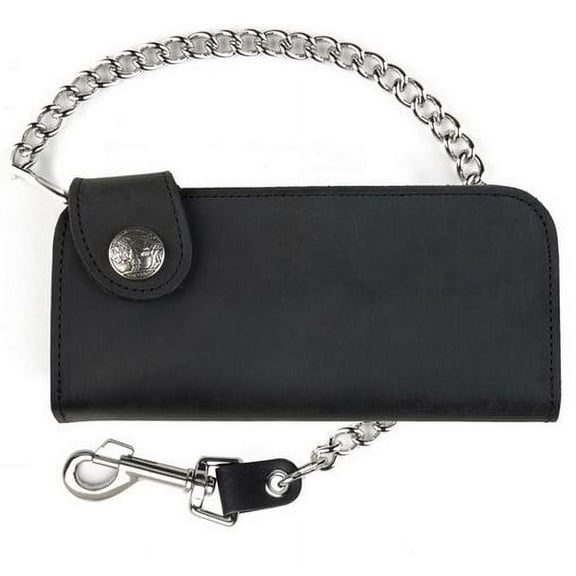 Men's Bi-Fold Black Leather Chain Wallet W/ Buffalo Nickel Snap, USA Made
