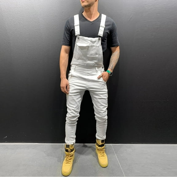 Men's Bib Overalls Denim Work Overalls Classic Adjustable Straps Jean Pants Pocket Overall Jumpsuit Fashion Workwear White M