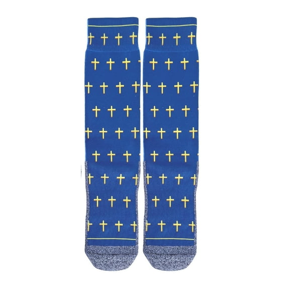 BibleSocks Blue and Gold Crosses Christian Faith Crew Socks for Men with Scripture - Christmas Gift