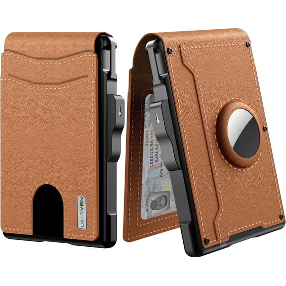 Men's Bifold Minimalist Wallet with RFID Blocking, Aluminum Pop-Up Case, Money Clip, and Leather Card Slots (Coffee Brown)