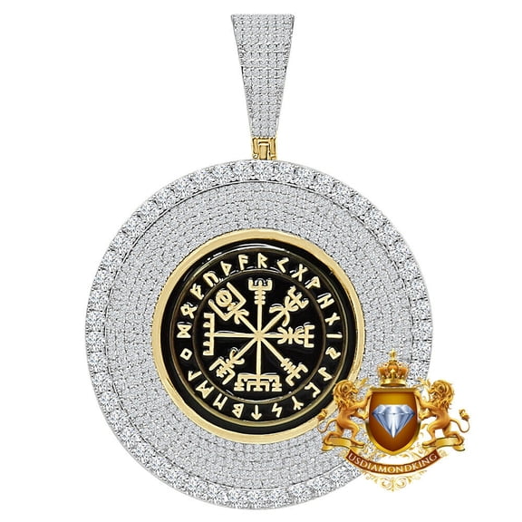 Men's Big 3'' 45+ Grams Viking Compass Vegvisir Norse Pendent Charm Medallion Over Yellow Gold/White CZ