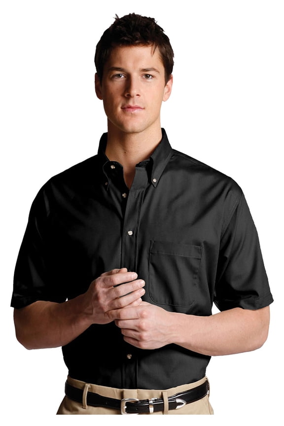 Men's Big And Tall Button Down Short Sleeve Poplin Shirt, BLACK, LT