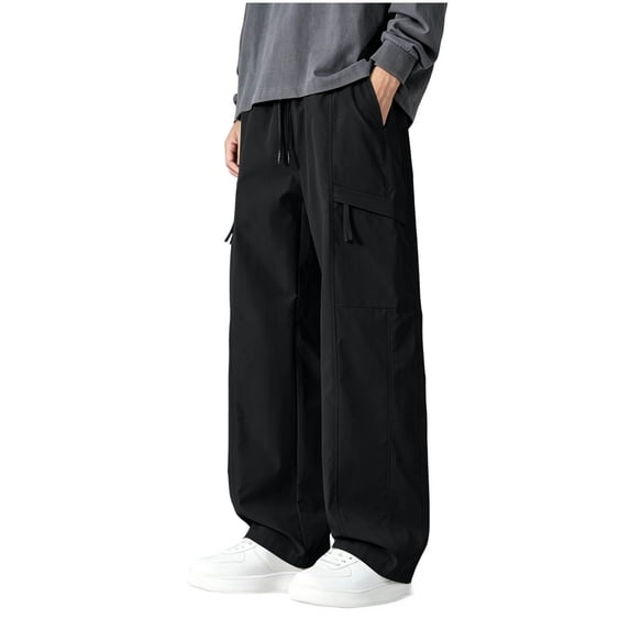 Men's and Big Baggy Cargo Pants Wide Leg Zipper Pocket Casual Parachute Pants Relaxed Fit Quick Dry Waterproof for Daily Wear and Outdoor Hiking Size M-5XL Black