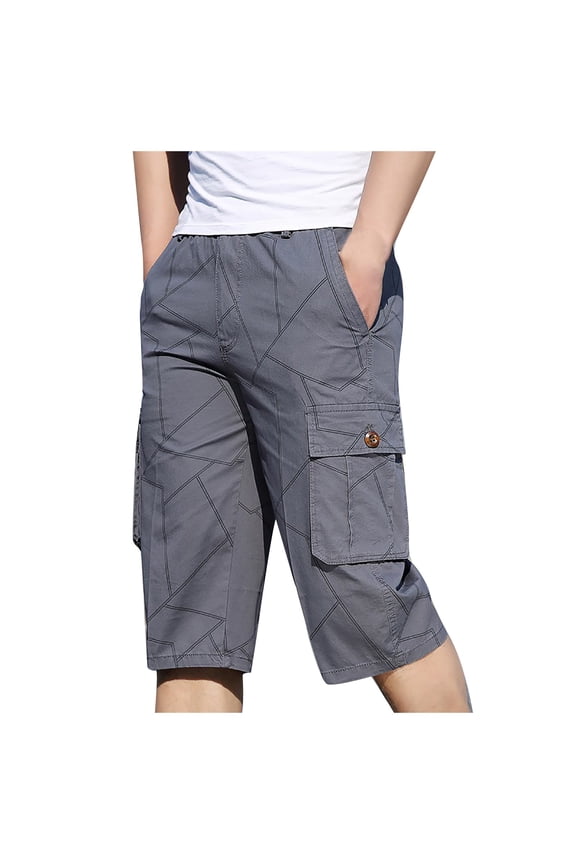 Men's & Big Capri Long Elastic Cargo Shorts Below Knee Shorts 3/4 Cotton Ripstop Workwear Cargo Casual Shorts with Multi-Pockets Size 2XL-6XL Gray