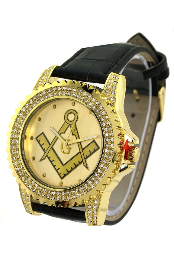 Men's Big Clubbing G Square Compass Symbols Gold-Tone watch 53mm 16mm thick case. Clear CZ Bezel, Gold-Tone dial. 22mm wide black leather fits 9.5 inches wrist.