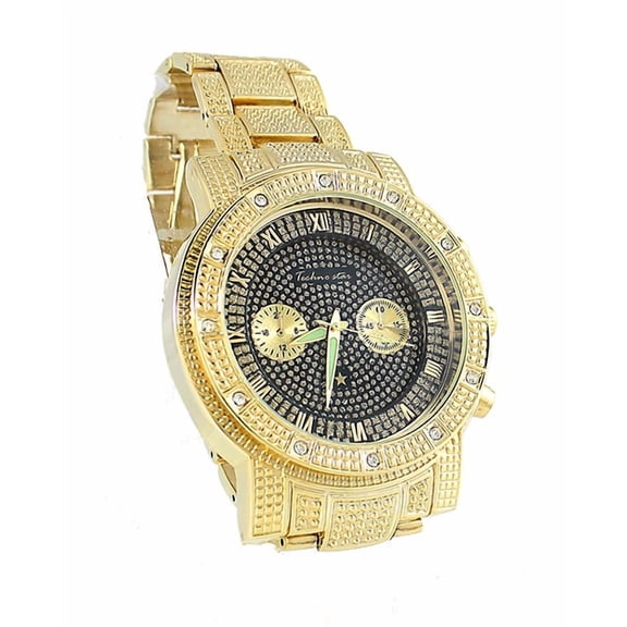 Mens Big Face Gold-Tone CZ Fashion Watch 51mm Case, Black Dial, Gold Link Bracelet